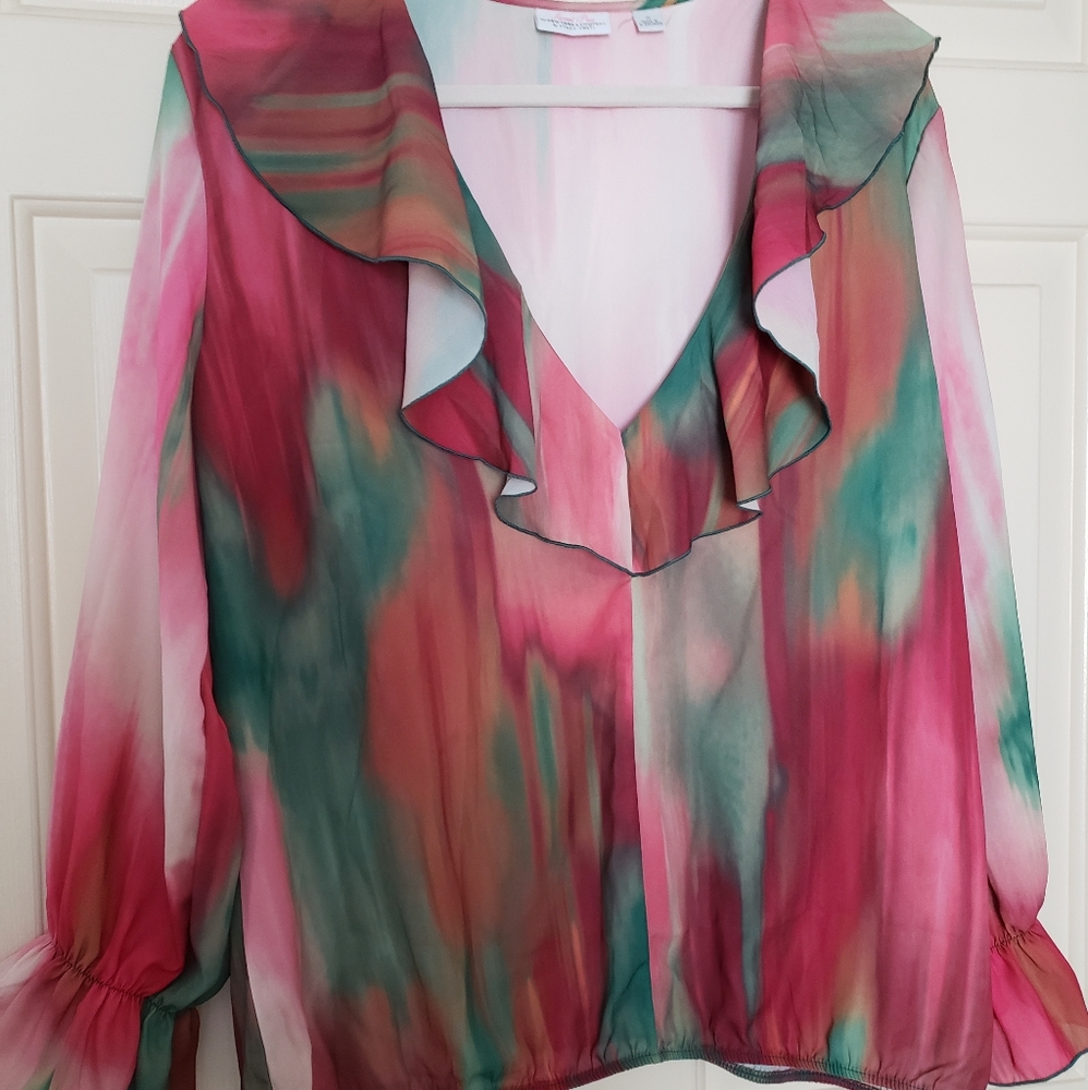 Watercolor Red & Green Ruffled Christmas Blouse XL